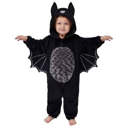 Spooktacular Creations Halloween Baby Black Bat Costume Toddler Hooded Jumpsuit with a Tail Zip-Up for Halloween Dress Up Party (12-18 Months)