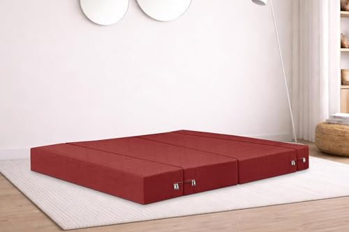 Image of Rosebell Two Seater Foldable Sofa Cum Bed (4x6 Feet) Jute Fabric, Washable Removable Cover, Includes Cushion | Space Saving Convertible Sofa Bed for Home, Office & Guests - Red Color