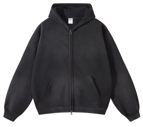 Image of Botong Vintage Mens Zip Up Hoodies Womens Oversized Acid Wash Hoddies Unisex Streetwear Sweatshirt Black M