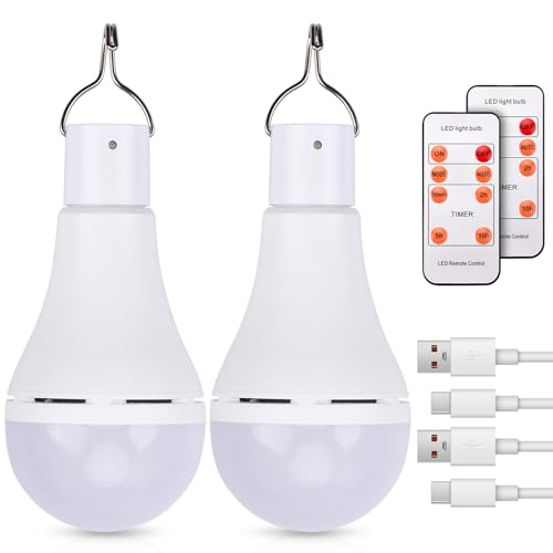 2 Stück LED Glühbirne aufladbar USB Rechargeable Light Bulb with 5 Light Modes,Fernbedienung Zeitgesteuert, mit Haken Tragbar USB Wiederaufladbar Glühbirne für Wandern Garten Outdoor Angeln Grillen