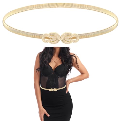 Ouligay Skinny Belts for Women Dresses Gold Belts Metal Chain Belt Woman Fashion Gold Dress Waist Belt Elastic Pendant Chain for Ladies Dresses