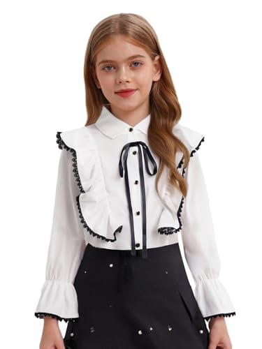 Girls Lace Long Puff Sleeves Shirt Button Blouse Top for School Birthday Party Wedding Casual Daily Wear