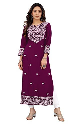 Image of Women's Rayon Embroidered Straight Kurti Under 499 Designer Attractive Look Women's Kurta