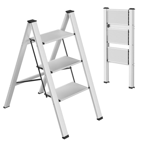TLGREEN Alu Trittleiter 3-Stufen-Leiter Klappleiter Rostfeste rutschfeste Stehleiter Haushaltsleiter Multifunktionale Tritthocker Licht Platzsparend bis 150kg Belastbar für Küchen Haushalt Außen Büro