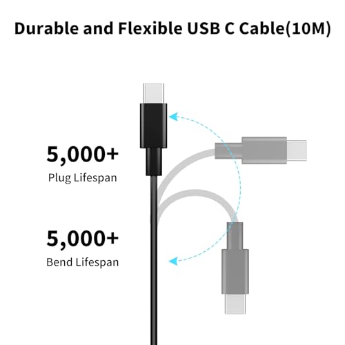 ACOCOBUY USB C Power Cable 10M, Power Extension Cable Type C Charging Cord for Mi Smart Camera C301 C400 C500 Pro Dual C700 2K Magnetic Mount USB A to C Long Charging Cord for Security Camera Black