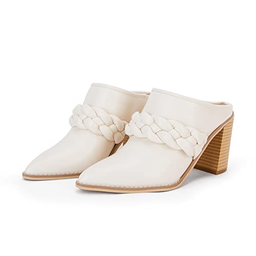 Womens Chunky Block Heel Mules Braided Strap Backless Booties Slip On Closed Pointed Toe Shoes White #TOP2