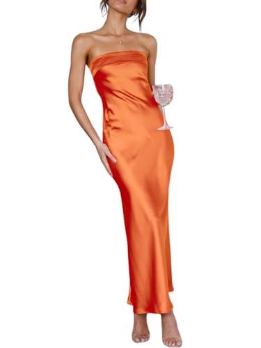 Image of Women Summer Lightweight Satin Maxi Bodycon Dress Strapless Tube Backless Hollow Out Long Party Dress