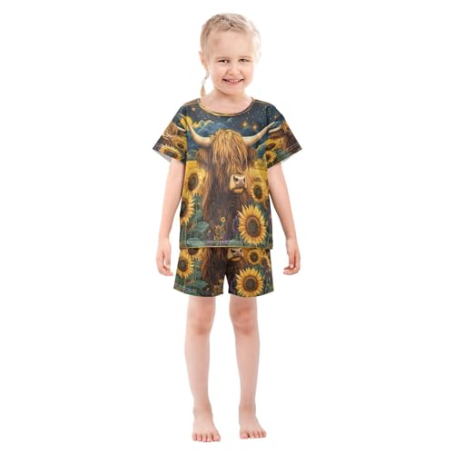 ALAZA Highland Cow Sunflower Van Gogh Pajamas Set Short Sleeve Cotton Sleepwear Summer Pjs 2 Piece 5-14Y3