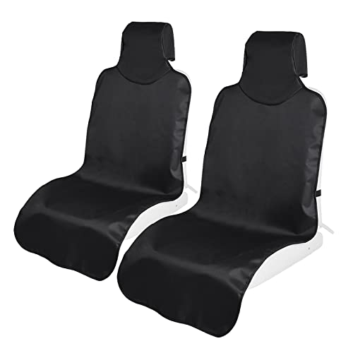 TanYooカーシートカバー 防水シートカバー 前席用 軽/普通車適用 ずれにくい ヘッドレスト部と座面部一体化 エプロンタイプ シート保護 バックル付き 継ぎ目強化改良 ブラック フロント 2枚 (2PCS)