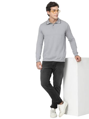 Image of Kalt Mens Basic Solid Full Sleeves Polo Cotton Blend Knitted Regular Fit Polo-Neck T-Shirts with Collar Stylish
