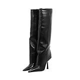 Vertundy Women's Fold Over Boots - Pointed Toe Stiletto Heel Slip On Knee High Boot Fashion Sexy Dress Boot Size 8