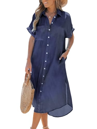 Image of CUPSHE Women Long Summer Dress Bell Sleeve Button Down Dress V Neck Casual Shirt Cover up Dress