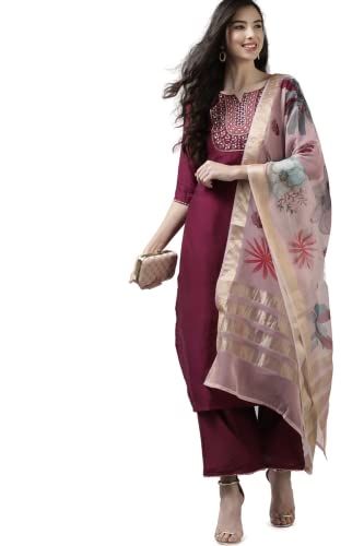 Image of INDO ERA Women's Cotton Blend; Organza & Rayon Kurta Palazzo With Dupatta Set