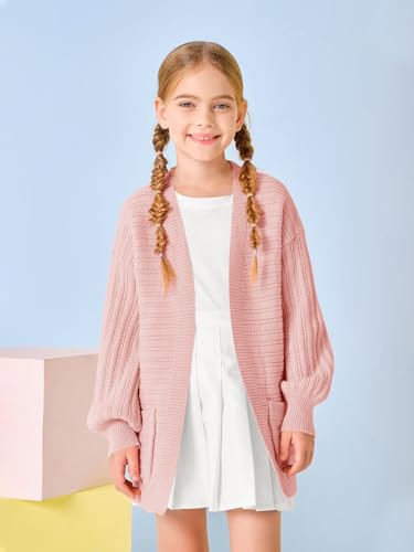 Image of Haloumoning Kids Girls Open Front Cardigan Sweaters Long Sleeve Cable Knit Fashion Clothes with Pockets 5-14 Years