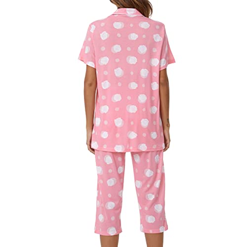 Image of Tugege Capri Pajamas Set Womens Button Down Short Sleeve Lounge Sets Sleepwear Notch Collar Top & Capri 2 Piece PJ Sets
