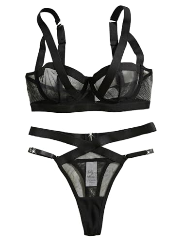 Ensemble de Lingerie féminine Ensemble Soutien-Gorge et Culotte à Armatures en Maille Sexy Transparents pour Femmes