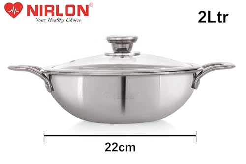 Image of NIRLON Prima Honeycomb Triply Stainless Steel Deep Kadai with Glass Lid | 22cm /2Ltr |Non-Toxic | Safe to Use | Uniform Heating | Heavy-Duty Handle | Easy Cleaning (Induction and Gas Stove Friendly)