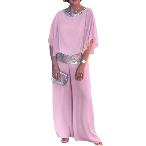 ZOCAVIA Women's Elegant Chiffon 2 Piece Sparkly Sequin Crewneck Batwing Blouses Tops Flowy Wide Leg Pant Wedding Party Outfit