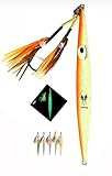 Man I Love Fishing Yellowtail and Tuna Jigs Fast Pitch Slow Pitch Vertical Knife Jig Jigging 200 Grams Glow 200g Fully Rigged with Assist Hooks with Glow Squids. (Red Head Ginger) Giant Hooks Kevlar