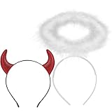 U-Zomir Angel Halo & Devil Horns Headband Set-White/Black Feather Angel and Red Glittering Devil Horn, Halloween Fancy Cosplay Dress Role Play Hairband (White Angel + Red Horn)