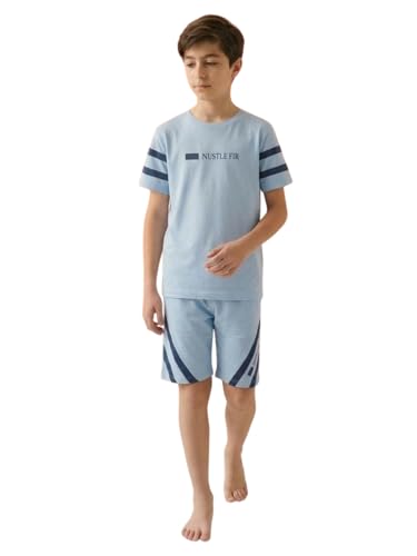 Image of Li'l Tomatoes Boys 100% Cotton Night Suit Set | Half Sleeve T-Shirt & Shorts | Color Block & Typography Print | Soft & Breathable Sleepwear | Casual Summer Wear | 9-16 Years