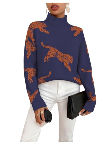 Image of WDIRARA Women's Leopard Tiger Print Sweater High Neck Long Sleeve Fuzzy Knitted Pullover Top