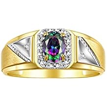 Rylos Mens Rings Classic 7X5MM Oval Gemstone & Diamond Ring - Color Stone Birthstone Rings for Men, Yellow Gold Plated Silver Ring in Sizes 8-13. Unique Mens Jewlery