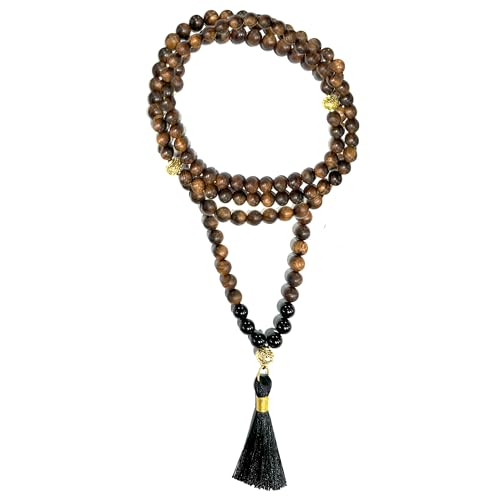 Samsara Mala de oración tibetana original, 108 granos en madera de agar AAA y ónix, rosario artesanal y budista, espacio de 0,5 cm para cuentas deslizantes, gurú y borla (MALA)