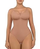 FeelinGirl Fajas Reductoras Colombianas para Mujer Body Reductor sin Costura Shapewear Tanga Lumbar Adelgazante con Cuello de V Cafe Ligero M/L