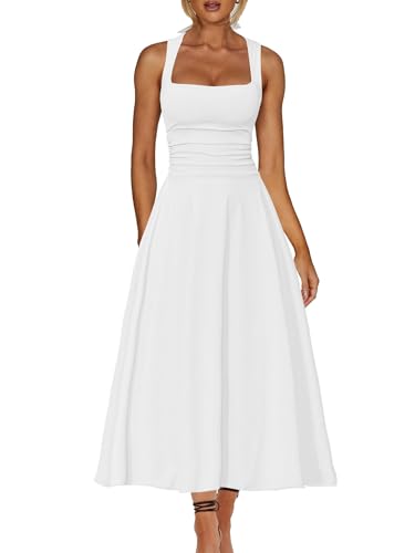 Kaximil Women's Square Neck Corset A Line Maxi Dress Ruffle Ruched Waist Flowy Long Dresses