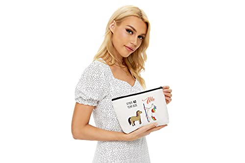 Blue Leaves 40th Birthday Gifts for Women - 1985 Birthday Gifts, 40 Years Old Makeup Bag, Waterproof, Linen, Beige, Zipper Closure, Fashion Pattern, Cosmetic Case2