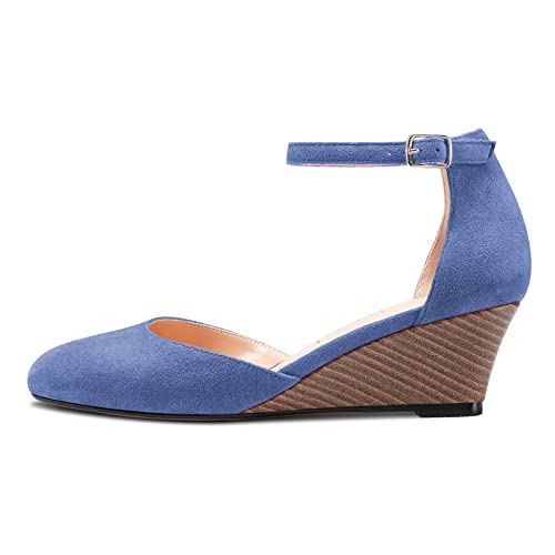 Castamere Women Chunky Block Mid Kitten Heel Round Toe Pumps Ankle Strap Classic Cute Office 2.0 Inches Heels