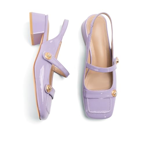 Image of Slingback Mary Jane Heels for Women Low Block Heel Closed Square Toe Pump Shoes Heels Classic Daily Office Dressy Shoes