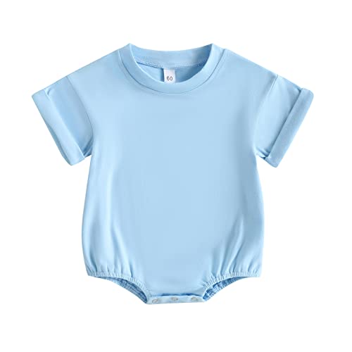 Gueuusu Unisex Baby Boy Girl T Shirt Romper Solid Color Short Sleeve Bubble Romper Oversized Crewneck One Piece Bodysuit Top