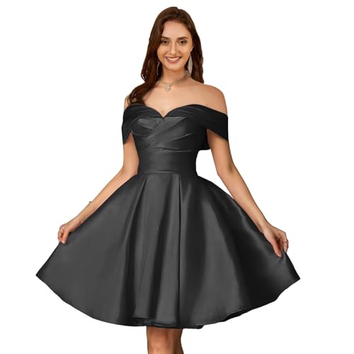 Dymaisei Off Shoulder Homecoming Dresses 2025 Short Satin Prom Dresses Pleated A Line Formal Cocktail Gowns