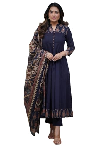 Image of GoSriKi Women's Rayon Viscose Anarkali Printed Kurta Pant with Dupatta | Anarkali Kurta Set for Women | Flared Kurti Pant Set | Ethnic Printed Suit for Women