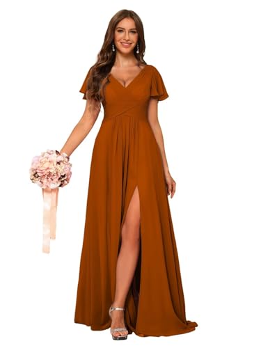 YMSHA V Neck Bridesmaid Dresses for Teens Pleated Side Slit Formal Dress with Pockets YMS143