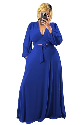 Image of Plus Size Women's 2 Piece Outfits Casual Long Sleeve Wrap Crop Top Maxi Long Dress Flowy Matching Sets
