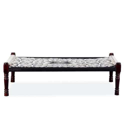 Image of Solid Sheesham Wood Charpai Khat | Handcrafted Daybed Khatiya Charpai with Cotton Rope | Traditional Khat Bed Wooden Diwan Cot for Living Room | 6X3 Feet | Black and White