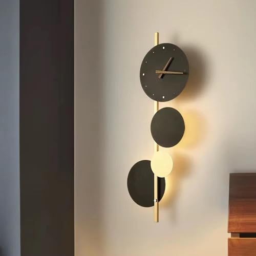 Image of blissbells Modern Abstract Wall Light with Integrated Clock, Minimalist Design in Black and Gold (Clock and Circles)