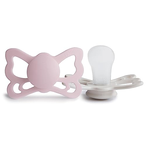Image of FRIGG Butterfly Anatomical SilkySoft Silicone Baby Pacifier | Made in Denmark | BPA-Free (Primrose /Silver Gray, 6-18 Months)
