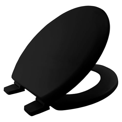BEMIS Chicago Ultra-Fix Black Toilet Seat. Wooden Toilet Seat with Water Based Paint for Easy Clean. Adjustable Plastic Hinges, Universal & Easy Installation, Black