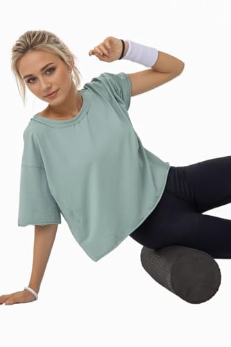 Women's Oversize Workout Crop Tops Casual Short Sleeve Drop Shoulder Boxy T-Shirts Roll Hem Basic Loose for 20253