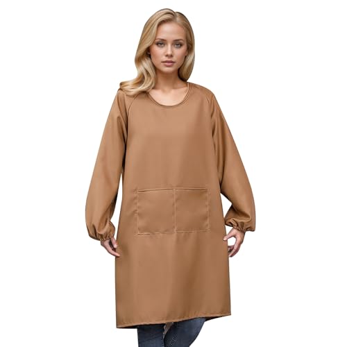 Tablier de cuisine pour femme avec manches longues et grandes poches - Tablier de protection...