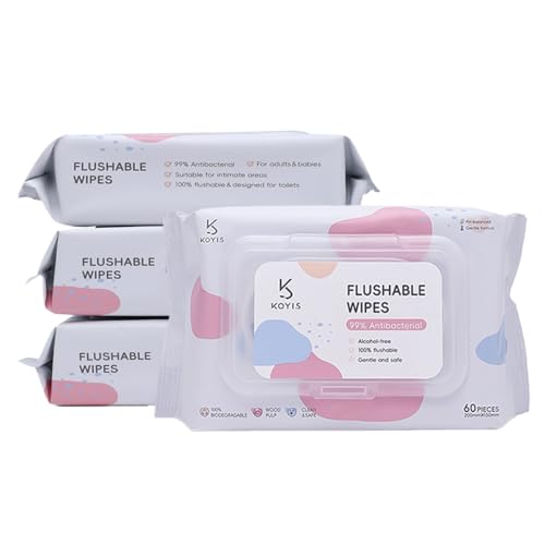 KOYIS Flushable Toilet Wipes Personal Cleansing Moist Wipes Made From Plant-Based Fibers Unscented 100% Purified Water Private Area Cleaning Wet Wipes (60 Count-4 Pack-)