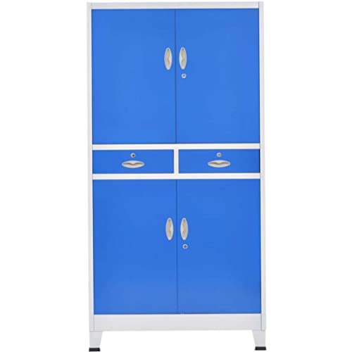 Office Cabinet Tall Metal Storage Cabinet With 4 Doors, 2 Drawers And 3 Adjustable Shelves Lockable Organizer Cabinets Filing Cabinet With Plastic Feet Gray And Blue 35.4 X 15.7 X 70.9Inch (W X D X H) #TOP4
