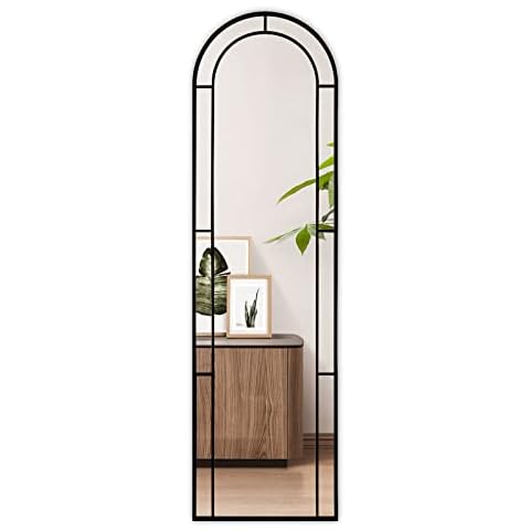 Muzilife 16x56 Window Full Length Mirror, Arched Floor Body Mirror, Windowpane Hanging Door Mirror with Metal Frame, Wall Mounted or Leaning for Bedroom, Living Room, Black Cover