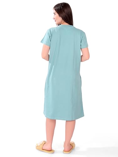 Image of Printed Knee Length Pocket Night Dresses for Women | Cat Lovers | Premium Soft Cotton Nighty | Sky Blue