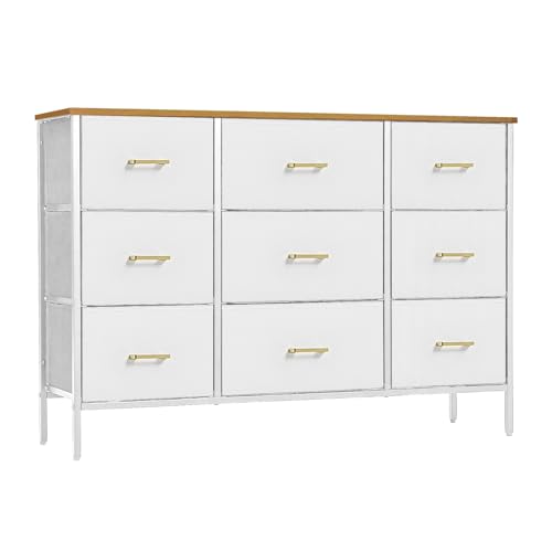 Image of VASICAR Wide TV Stand Modern TV Console, 9 Drawers Dresser for Bedroom, Fabric Storage Cabinet, Chest of Drawers for Closet, Nursery, Living Room（Classic White）