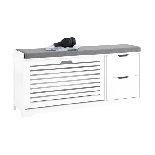 SoBuy Schuhbank mit Sitzfläche und Stauraum – Sitzbank Flur mit Sitzkissen & 2 Schubladen – Schuhregal Platzsparend für Diele, Flur, Schlafzimmer – Weiß, 110x30x52cm, 150kg – FSR185-W
